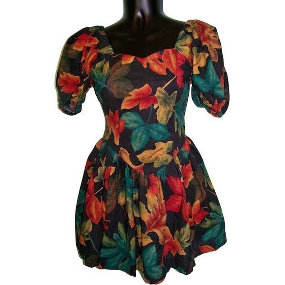 Girls Autumn Leaves Dress Falling Fall Leaf Print Vintage 80s - Picture 3 of 8